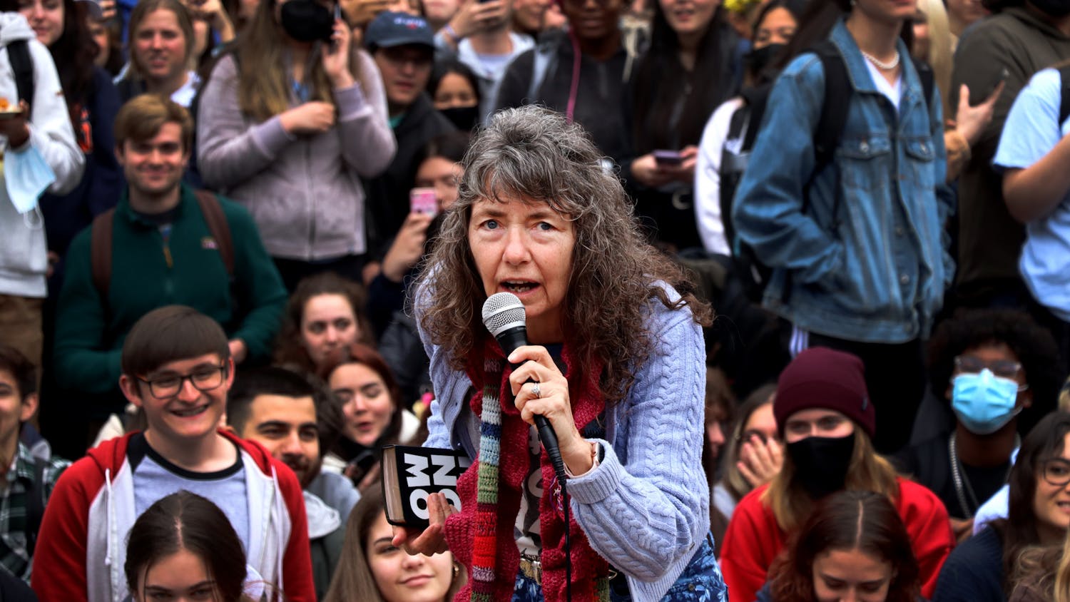 Evangelist Cindy Lasseter Smock, better known as "Sister Cindy" to her TikTok fans, speaks to a crowd of over 500 students at Plaza of the Americas on Monday, Feb. 7. 