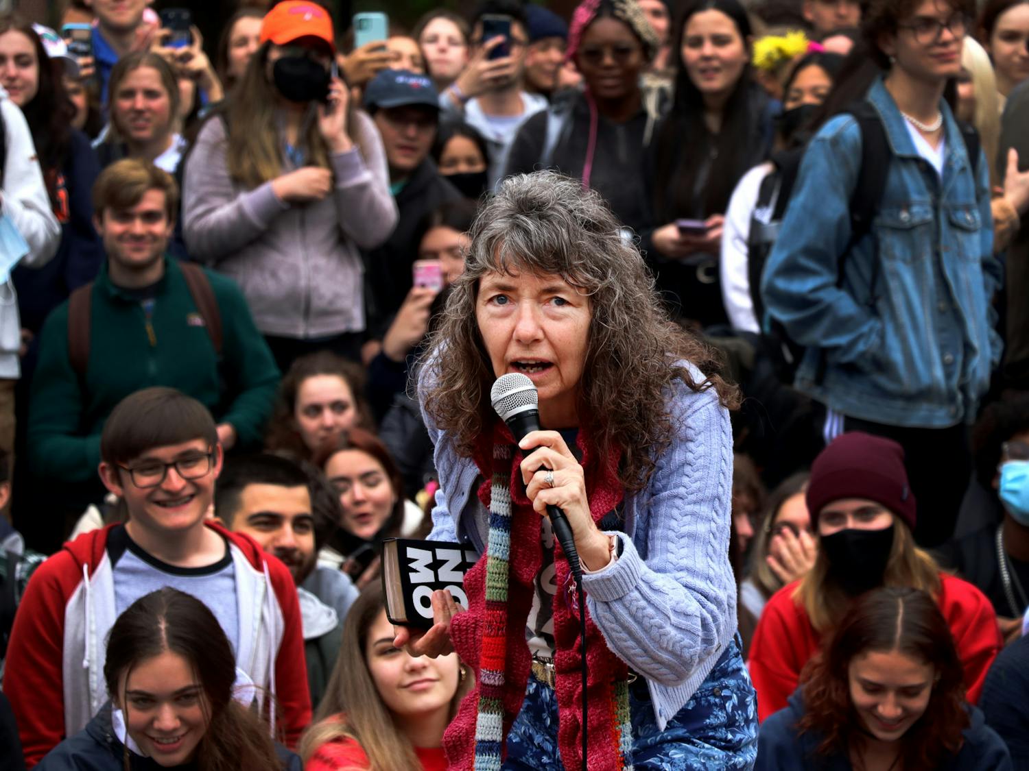 Evangelist Cindy Lasseter Smock, better known as "Sister Cindy" to her TikTok fans, speaks to a crowd of over 500 students at Plaza of the Americas on Monday, Feb. 7.