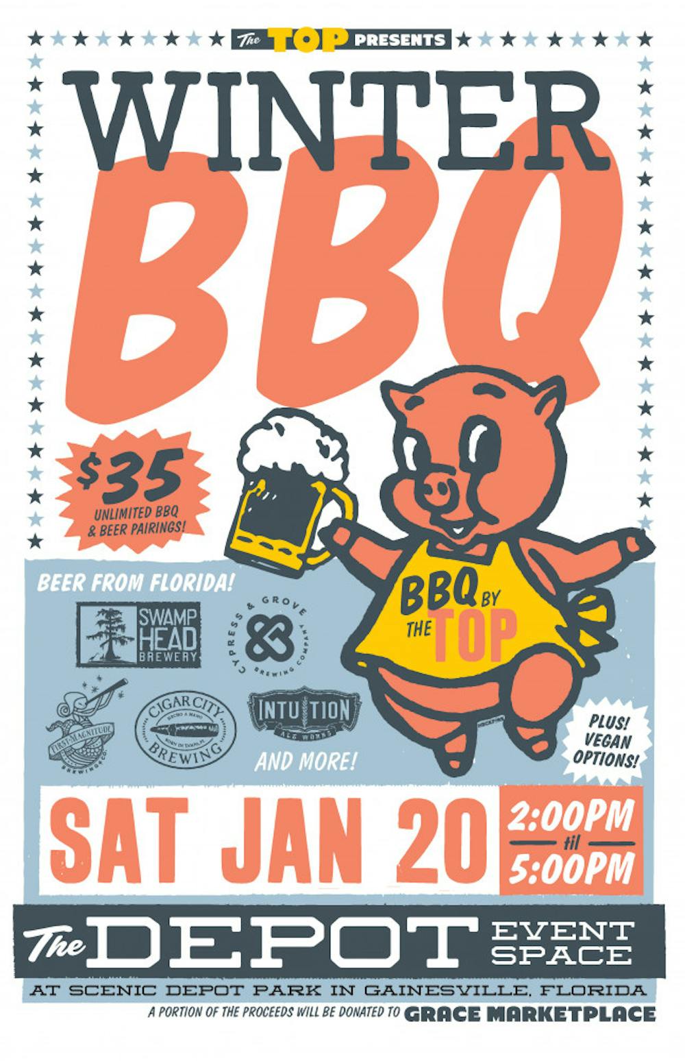 <p><span id="docs-internal-guid-3b6cfc06-01ea-8768-9166-30df1dfa7a35"><span>The Top is hosting a winter barbecue at 201 SE Depot Ave. on Saturday, Jan. 20 from 2 p.m. to 5 p.m. to benefit GRACE Marketplace, a local homeless shelter.</span></span></p>