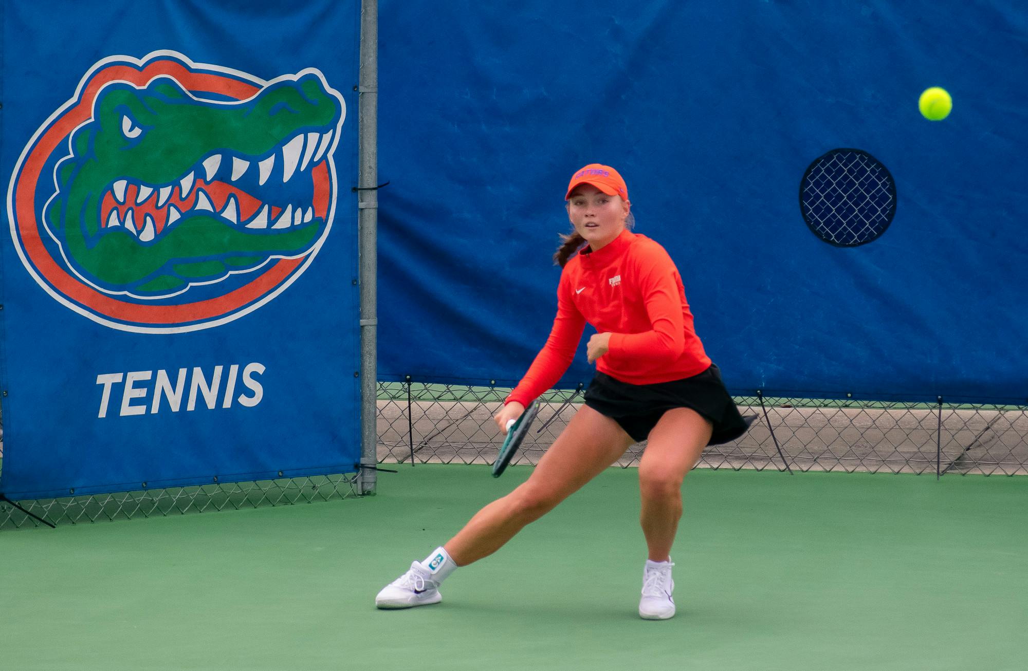 UF Women&#x27;s Tennis player Nikola Daubnerova prepares to hit a ball during the Florida Invitational on Jan. 11, 2025. (Credit: Kade Sowers)