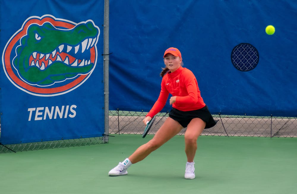 <p>UF Women&#x27;s Tennis player Nikola Daubnerova prepares to hit a ball during the Florida Invitational on Jan. 11, 2025. (Credit: Kade Sowers)</p>