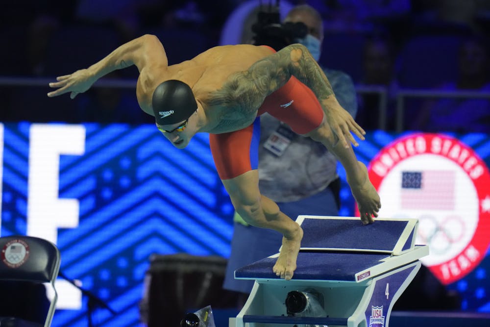 Caeleb Dressel participates in the men's 50 freestyle during wave 2 of the U.S. Olympic Swim Trials in Omaha, Neb on June 20, 2021. (AP Photo/Jeff Roberson)