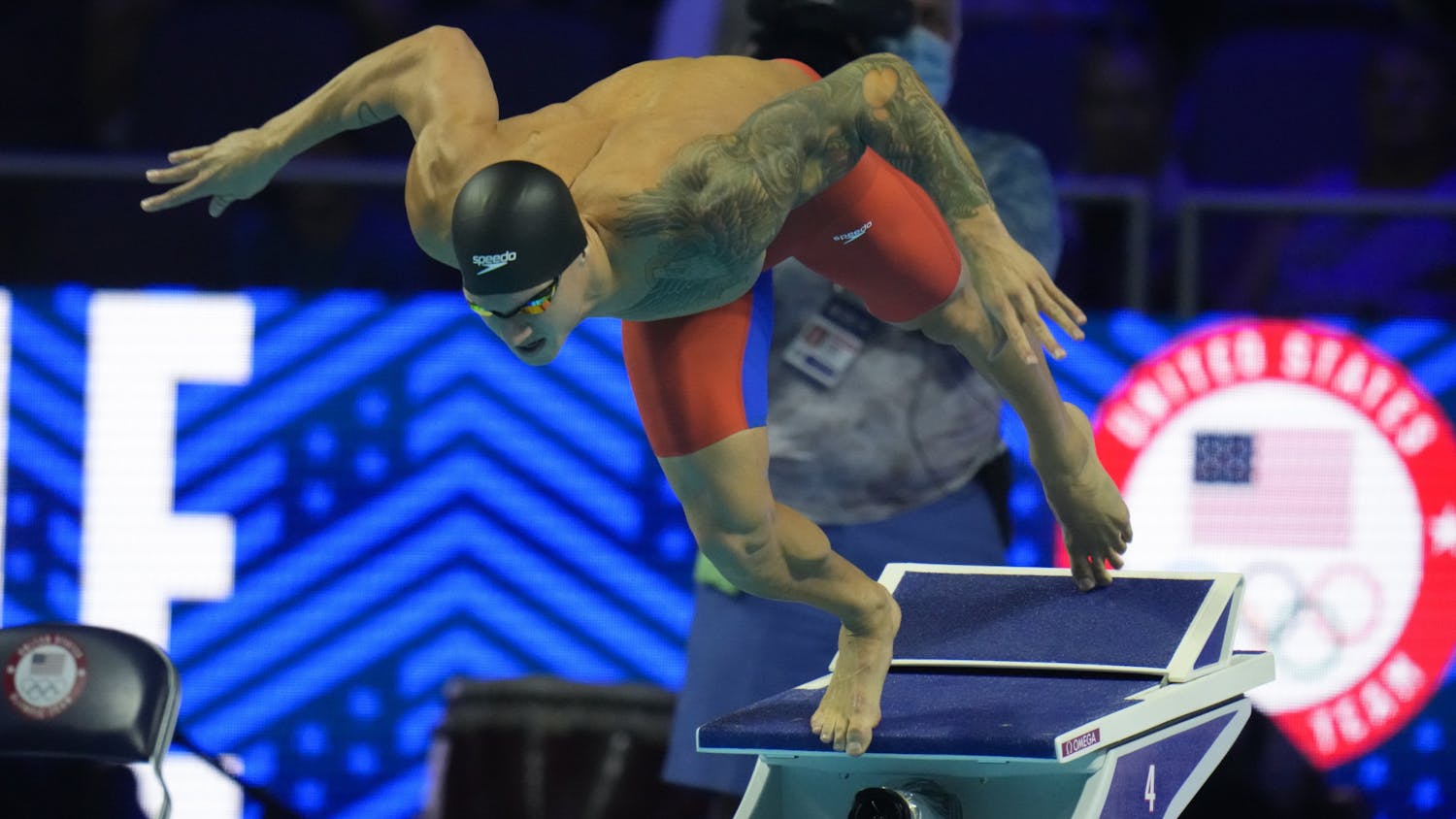Caeleb Dressel participates in the men's 50 freestyle during wave 2 of the U.S. Olympic Swim Trials in Omaha, Neb on June 20, 2021. (AP Photo/Jeff Roberson)
