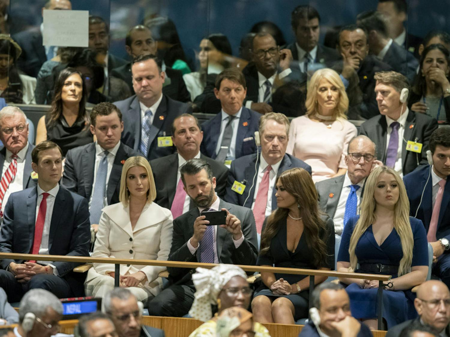 The Trump family, front row, and his staff listen as U.S. President Donald Trump addresses the 74th session of the United Nations General Assembly at U.N. headquarters Tuesday, Sept. 24, 2019. From right to left, Tiffany Trump, Kimberly Guilfoyle, Donald Trump Jr., Ivanka Trump, and Jared Kushner. (AP Photo/Mary Altaffer)