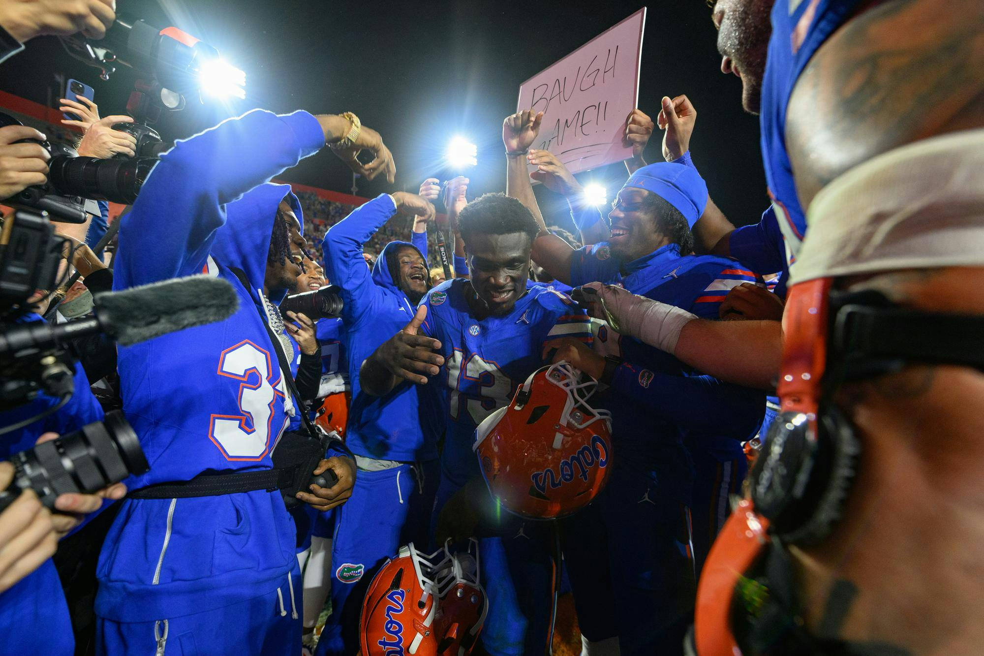 Florida running back Jadan Baugh (13) etched himself on an elite list of Gators running backs, joining Errict Rhett and Emmitt Smith as the three underclassman to eclipse 1,000 yards in a season.