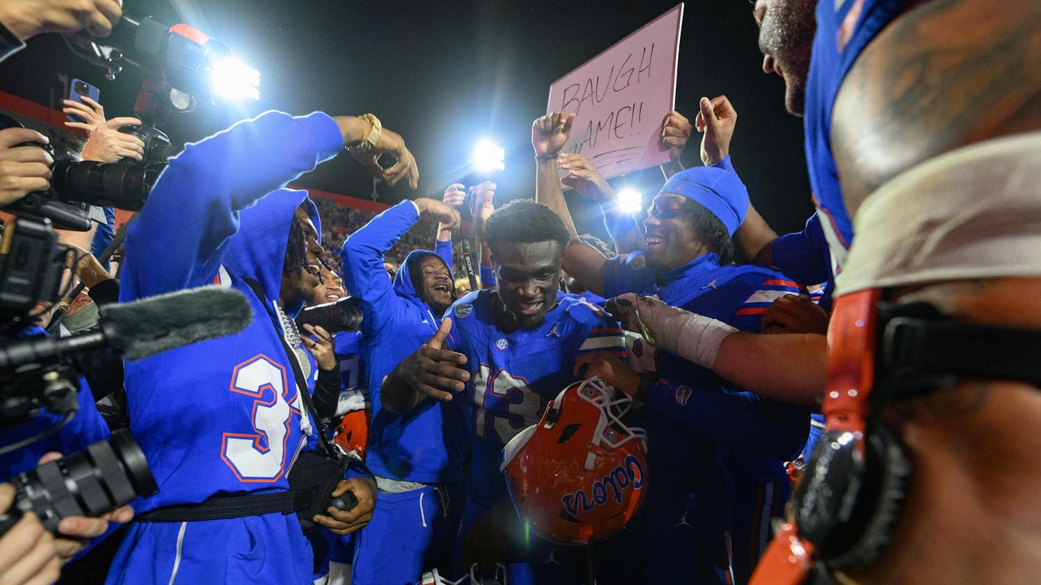 Florida running back Jadan Baugh (13) etched himself on an elite list of Gators running backs, joining Errict Rhett and Emmitt Smith as the three underclassman to eclipse 1,000 yards in a season.