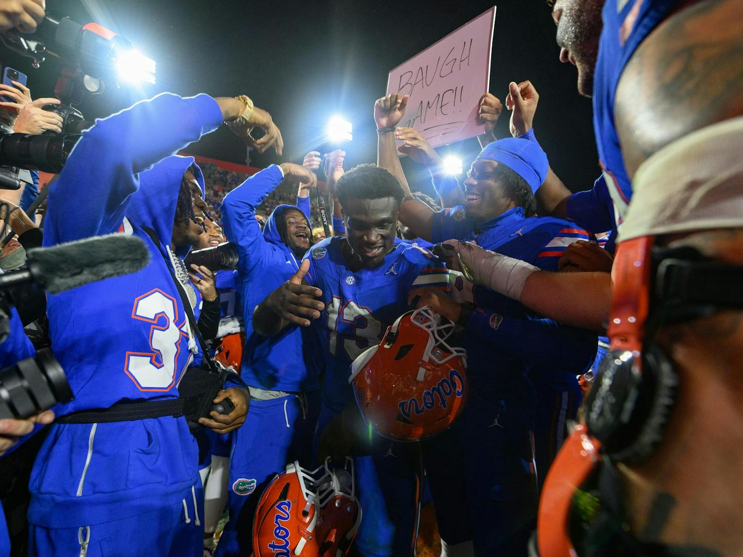Florida running back Jadan Baugh (13) etched himself on an elite list of Gators running backs, joining Errict Rhett and Emmitt Smith as the three underclassman to eclipse 1,000 yards in a season.