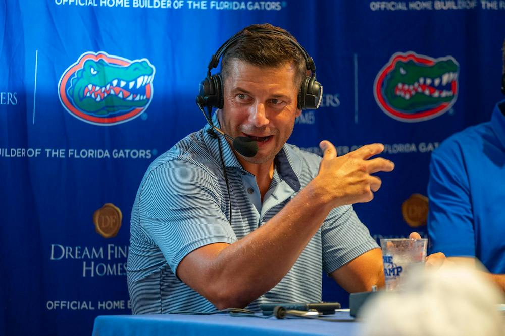 Florida head coach John Sumrall speaks at “Gator Talks” inside the Swamp Restaurant, Monday, Aug. 31, 2026, in Gainesville, Fla.