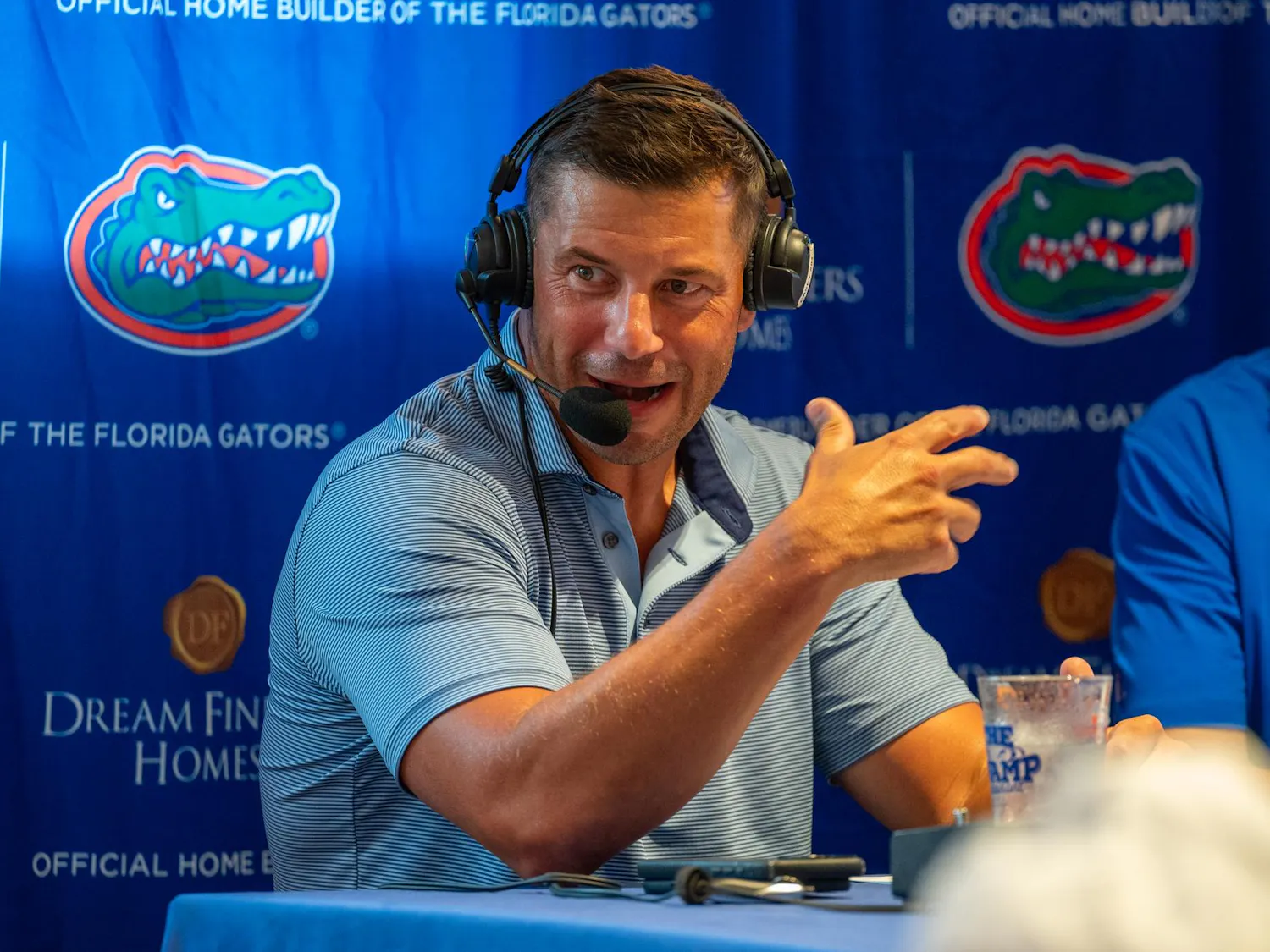 Florida head coach John Sumrall speaks at “Gator Talks” inside the Swamp Restaurant, Monday, Aug. 31, 2026, in Gainesville, Fla.