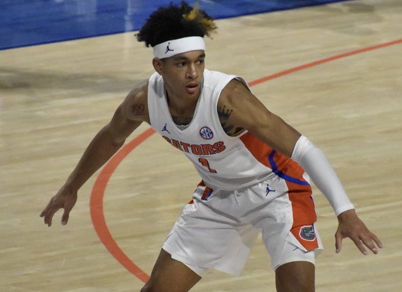 Tre Mann defends against Missouri on March 4. Mann’s step-back clinched a first-round victory for Florida