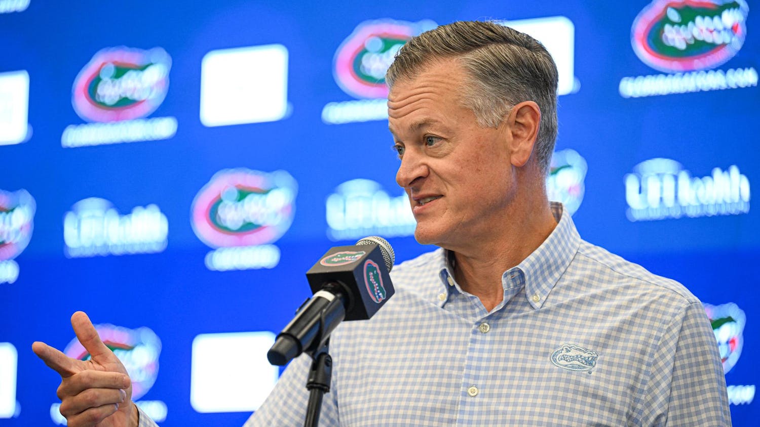 Florida Gators athletics director Scott Stricklin speaks before interim head coach Billy Gonzales at his opening press conference on Monday, Oct. 20, 2025, in Gainesville, Fla.