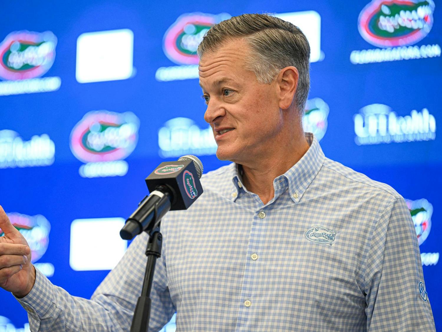 Florida Gators athletics director Scott Stricklin speaks before interim head coach Billy Gonzales at his opening press conference on Monday, Oct. 20, 2025, in Gainesville, Fla.