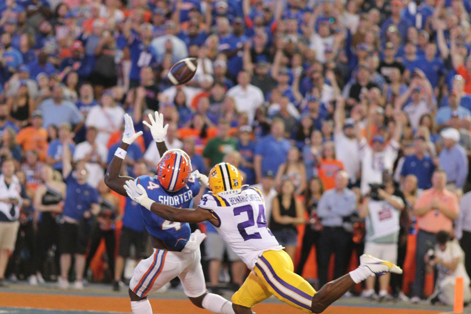 Florida receiver Justin Shorter catches a 51-yard touchdown in the Gators' 45-35 loss to the Louisiana State Tigers Saturday, Oct. 15, 2022.