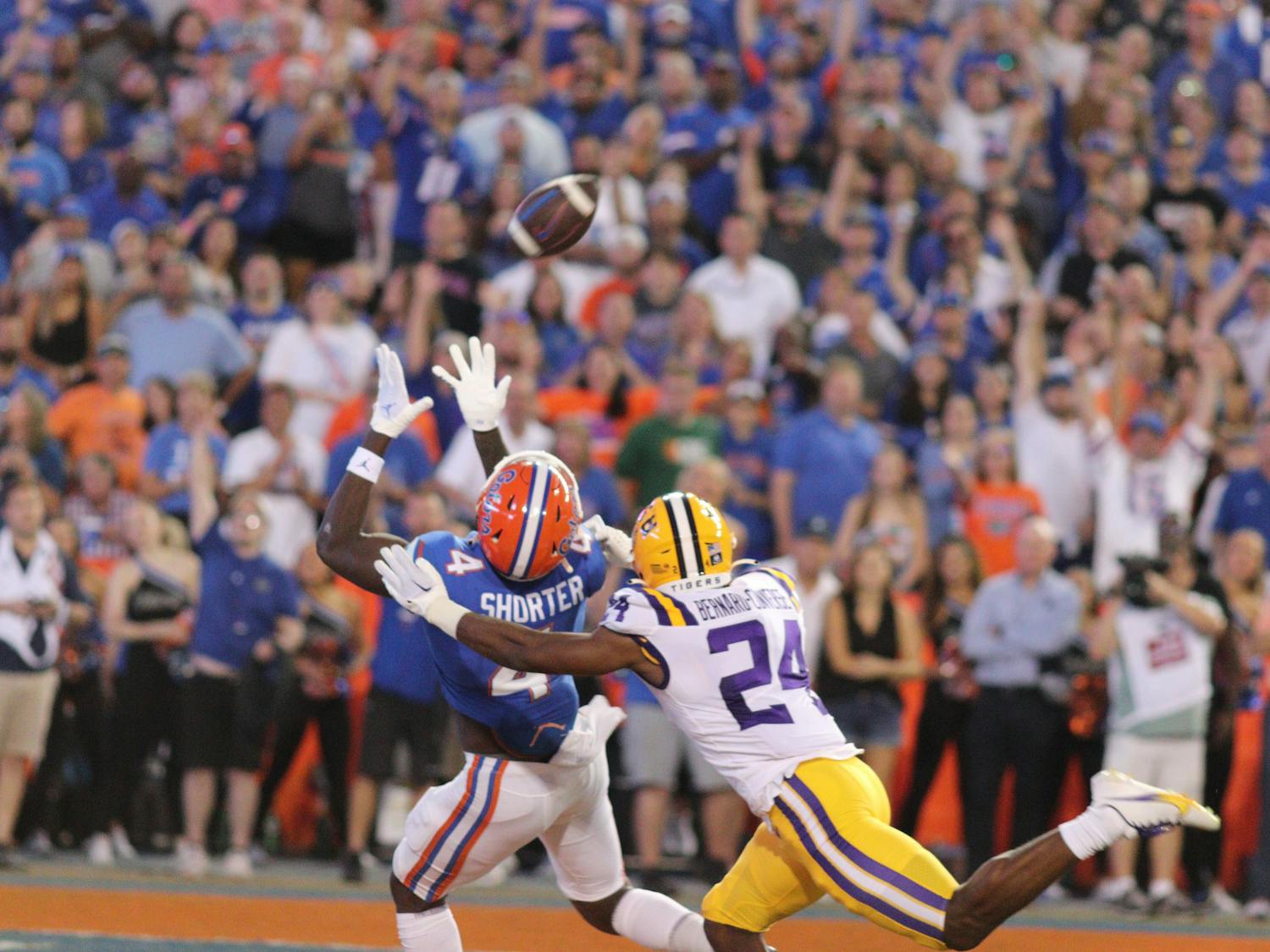 Florida receiver Justin Shorter catches a 51-yard touchdown in the Gators' 45-35 loss to the Louisiana State Tigers Saturday, Oct. 15, 2022.