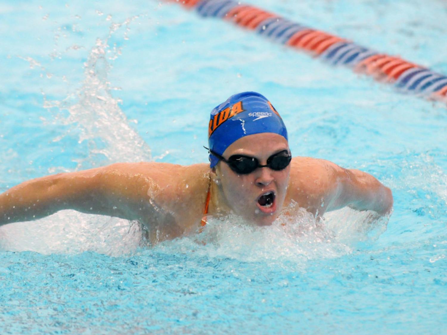 Alyssa Yambor-Maul races in the 200 meter butterfly during Florida’s meet against Auburn on Jan. 23, 2016, in the O’Connell Center.