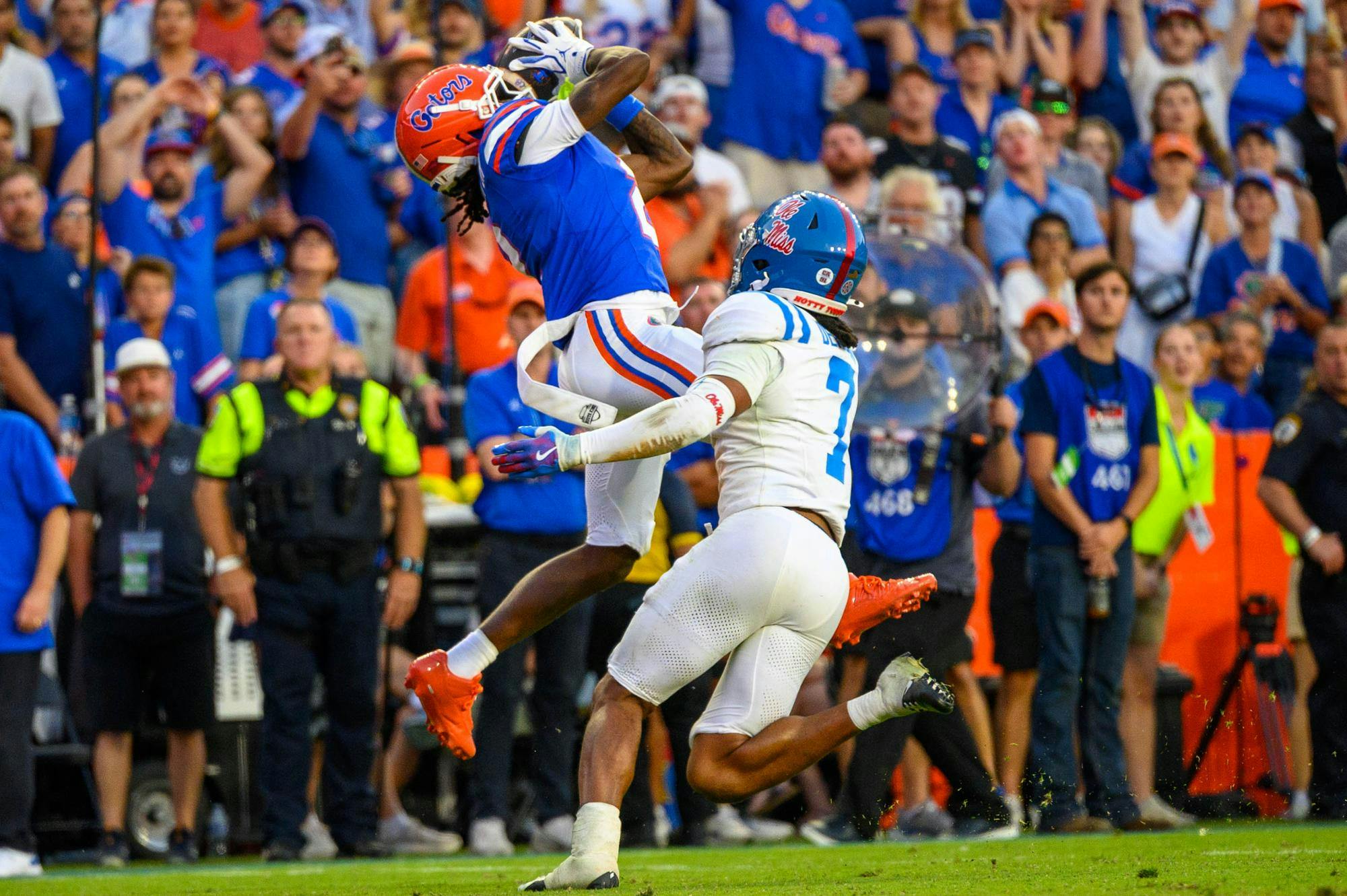 Florida wide receiver Eric Singleton Jr. (2) make a catch during the second half of an NCAA college football game against Ole Miss, Saturday, Sept. 26, 2026, in Gainesville, Fla.