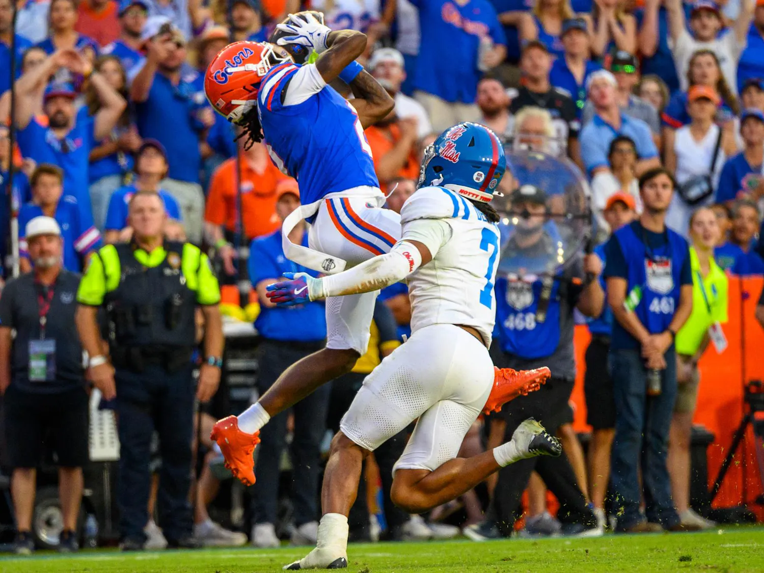 Florida wide receiver Eric Singleton Jr. (2) make a catch during the second half of an NCAA college football game against Ole Miss, Saturday, Sept. 26, 2026, in Gainesville, Fla.