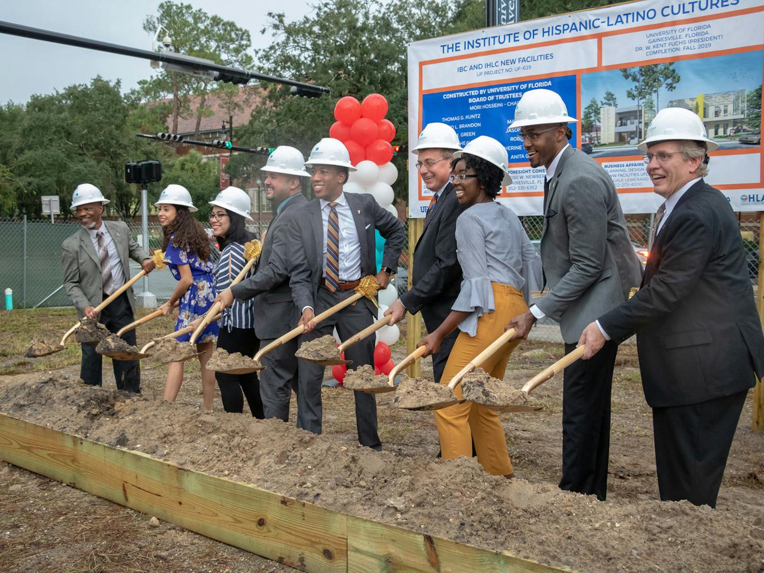 Leaders from the Institute of Black Culture and Institute of Hispanic-Latino Cultures, along with UF President Kent Fuchs and Student Body President Ian Green, break ground on the site of the new buildings for the IBC and La Casita located at 1510 W University Ave. on Wednesday evening.&nbsp;
&nbsp;