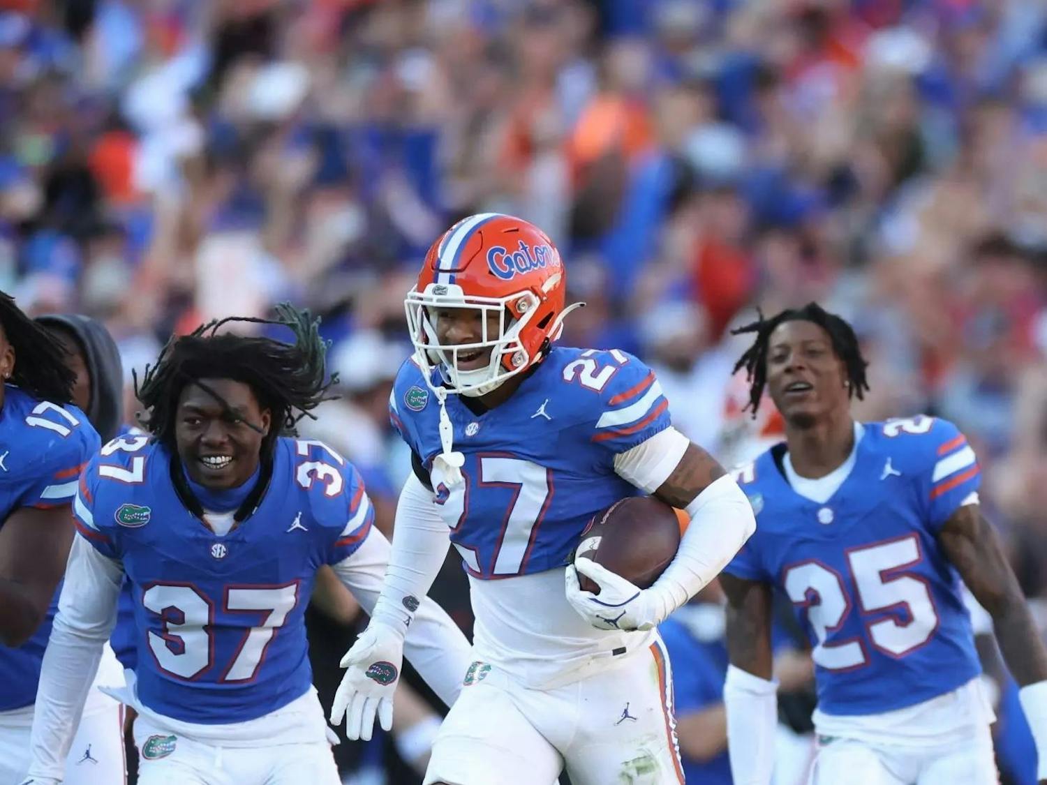 Dijon Johnson celebrates during the Gators' 24-17 victory over No. 9 Ole Miss on Nov. 2, 2024 at Ben Hill Griffin Stadium in Gainesville, Florida. Courtesy of UAA Communications / Catherine McCarthy