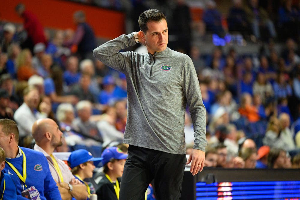 Florida head coach Todd Golden during the second half of an NCAA college basketball game against Saint Francis, Wednesday, Dec. 17, 2025, in Gainesville, Fla.