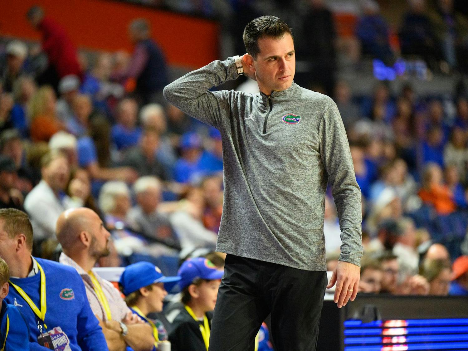 Florida head coach Todd Golden during the second half of an NCAA college basketball game against Saint Francis, Wednesday, Dec. 17, 2025, in Gainesville, Fla.