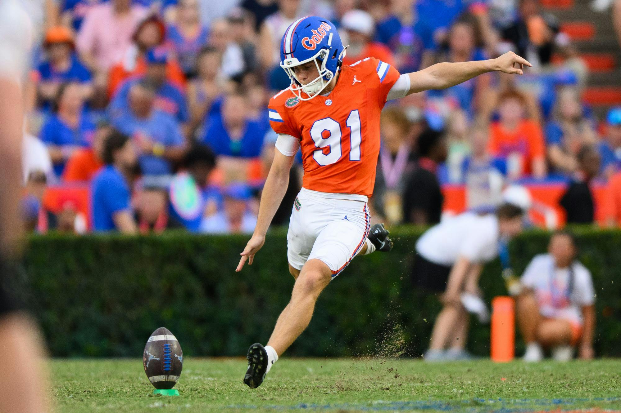 Florida kicker Patrick Durkin (91) kicks of after a touchdown during the first half of an NCAA college football game against Campbell, Saturday, Sept. 12, 2026, in Gainesville, Fla.
