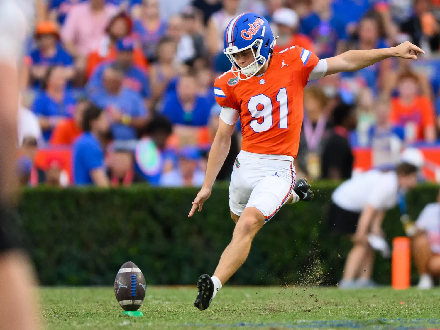 Florida kicker Patrick Durkin (91) kicks of after a touchdown during the first half of an NCAA college football game against Campbell, Saturday, Sept. 12, 2026, in Gainesville, Fla.