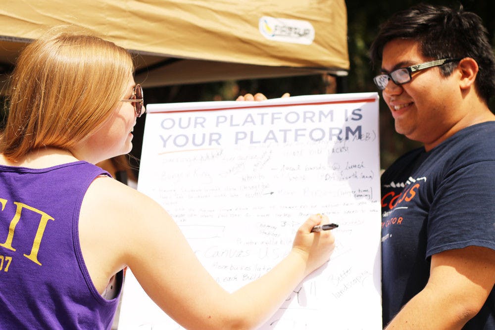 <p>Maggie Patterson writes down her suggestions for how to improve campus life on a large notepad held by Access Party member Antony Darce.</p>