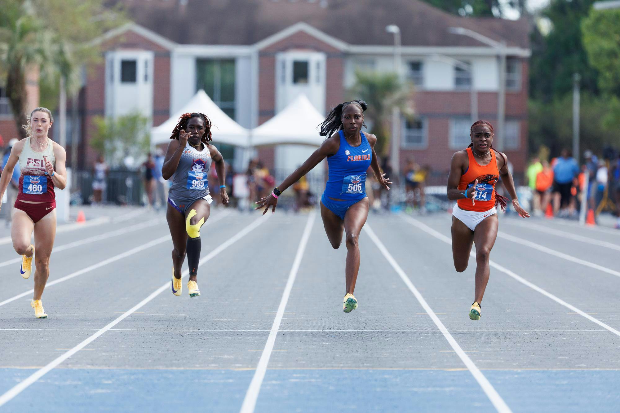 Gabrielle Matthews competes in the womens 100 meters during the Pepsi Florida Relays, Saturday, April 4, 2026, in Gainesville, Fla.
