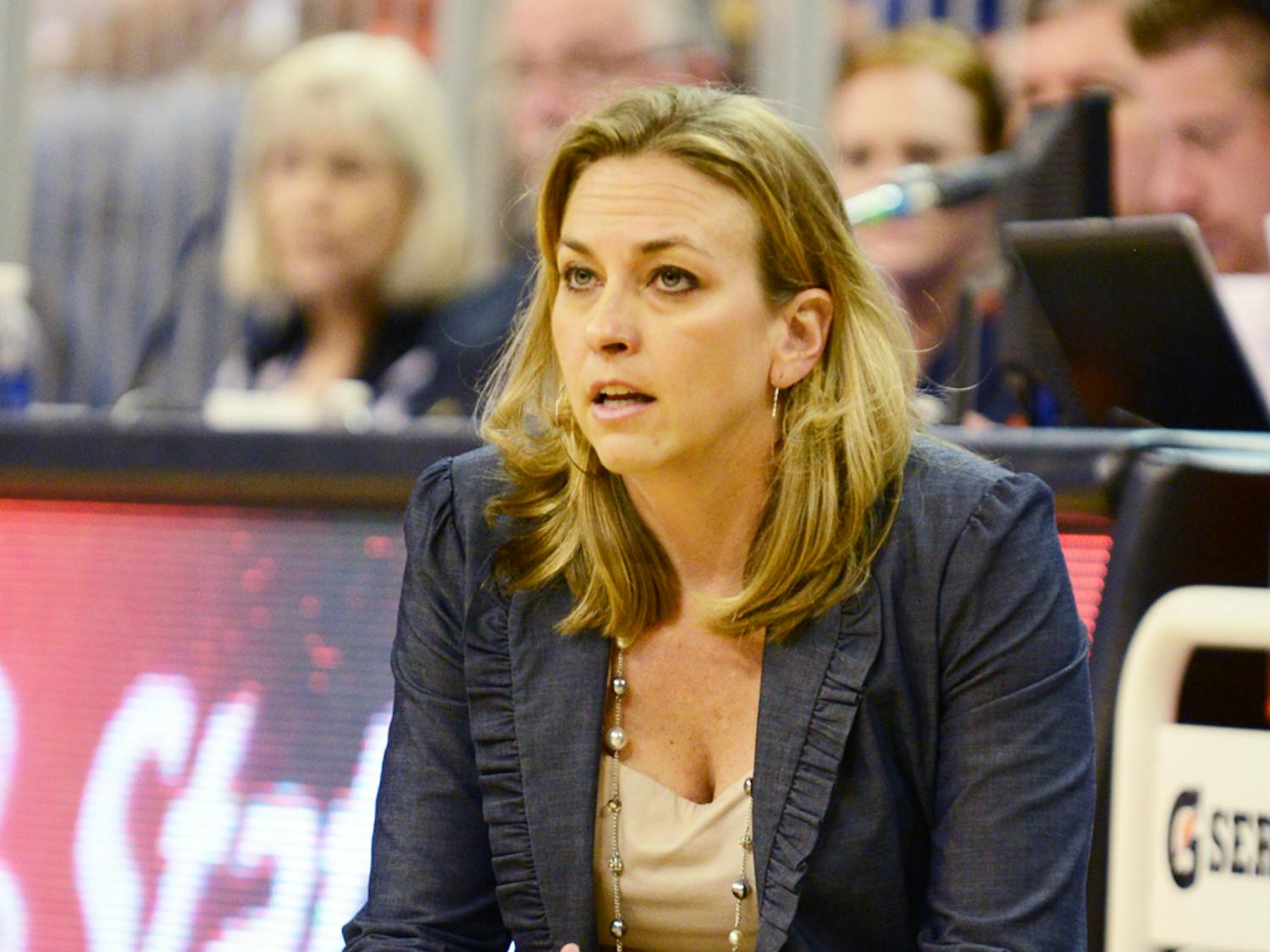 Coach Amanda Butler watches from the bench during UF’s 87-62 win against Troy on Dec. 4 in the O’Connell Center.
