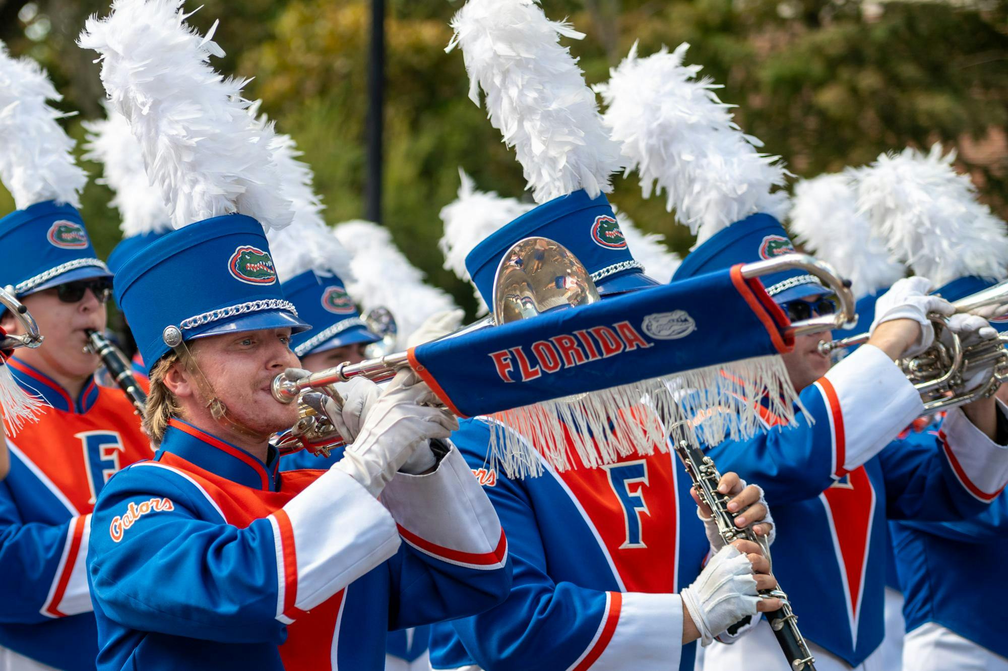 UF Gator Band marches down 13th Street in Gainesville in the 102nd UF Homecoming Parade. The parade took place on Friday, Oct. 17, 2025.