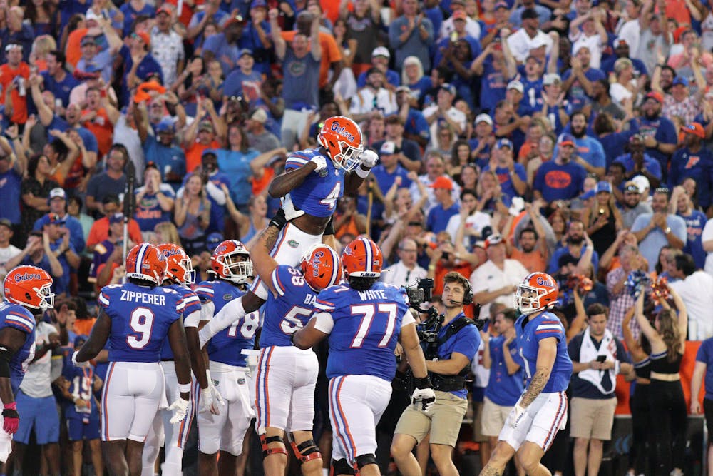 <p>UF wide receiver Justin ﻿Shorter celebrates a touchdown with his teammates during the Gators&#x27; matchup with the LSU Tigers Saturday, Oct. 15, 2022. </p>