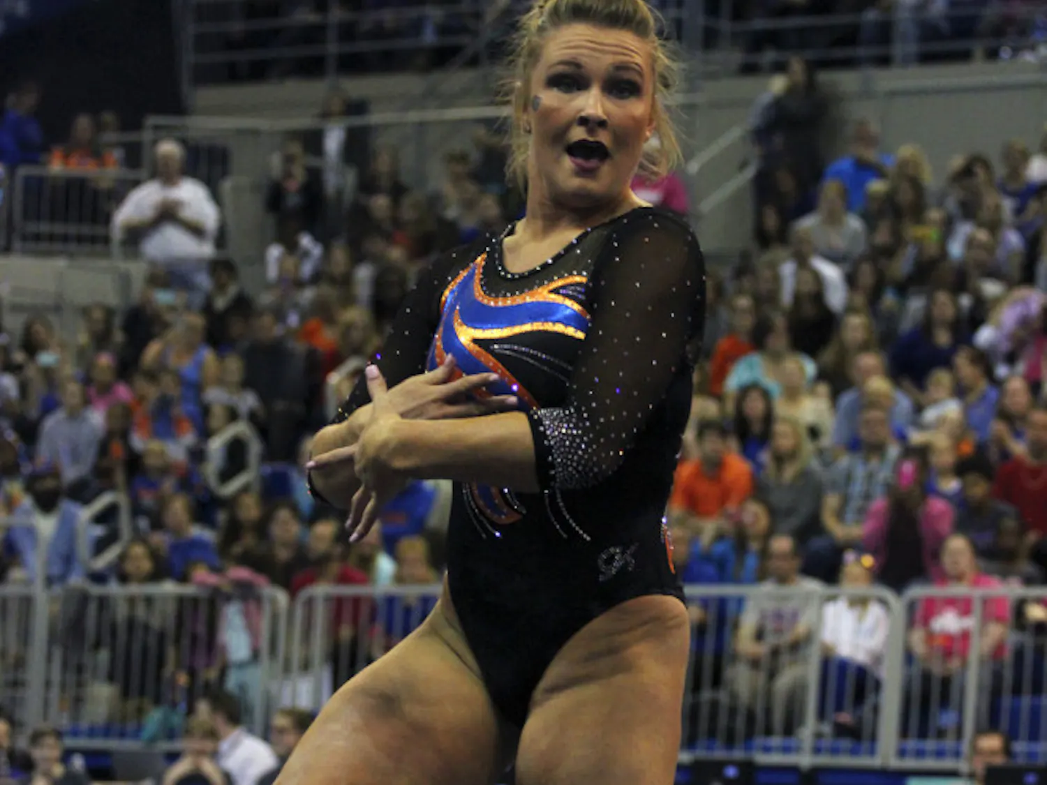 Bridget Sloan performs her floor routine during Florida's loss to LSU on Feb. 26, 2016, in the O'Connell Center.
