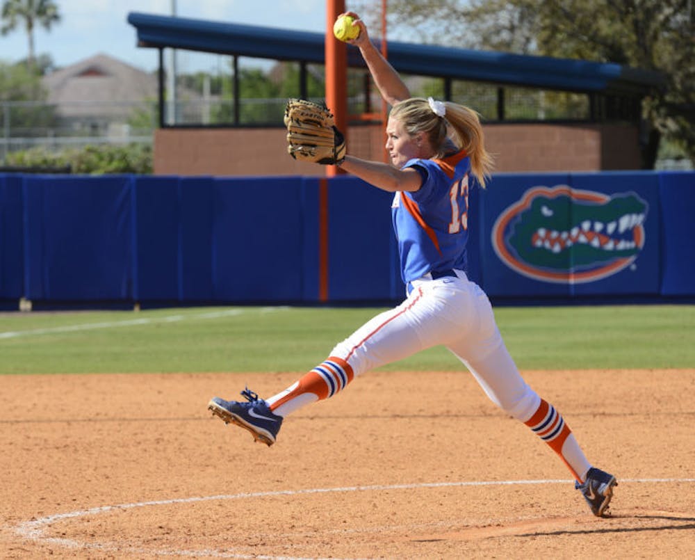 <p>Hannah Rogers pitches during Florida’s 4-2 win against Mississippi State on April 6, 2013. Rogers holds a team-best 1.81 ERA, which is the fourth-best mark in the Southeastern Conference this season.</p>