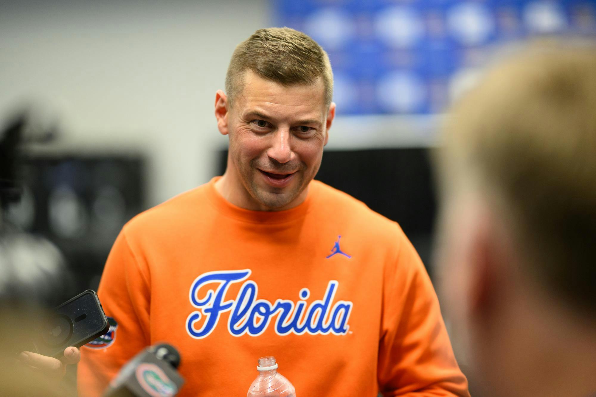 Florida head coach Jon Sumrall holds a press conference in the media room of the Stephen C. O'Connell Center during halftime of an NCAA men's basketball game between Florida and Auburn, Saturday, Jan. 24, 2026.