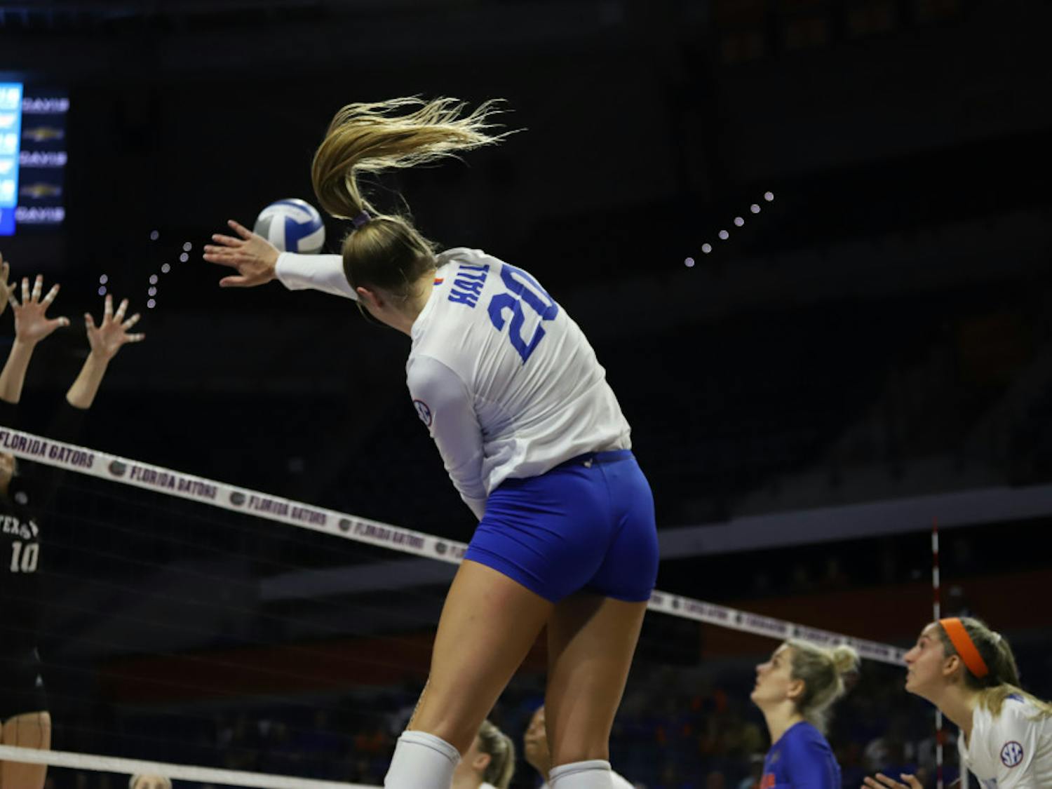 Thayer Hall spikes the ball at Florida's game against Kentucky last season. On Friday night, Hall recorded 19 kills in the Gators' victory over Alabama.