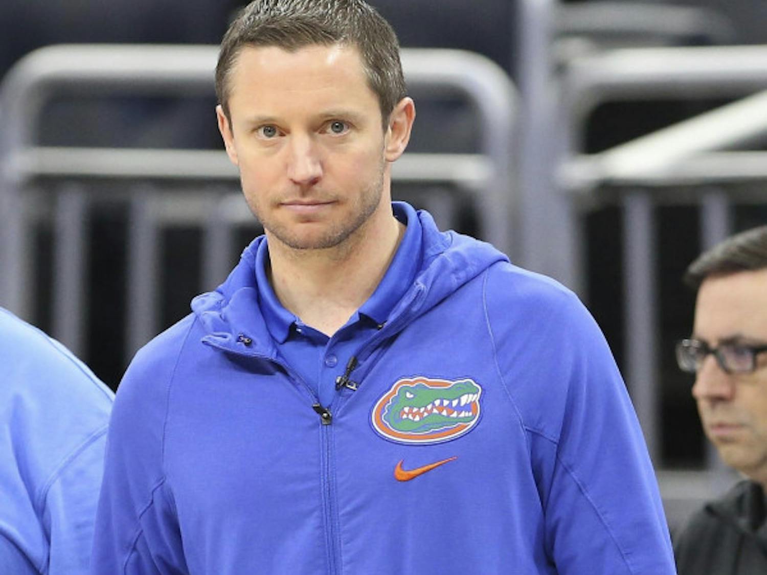 Florida head coach Mike White looks on during a practice session for the NCAA March Madness Tournament at the Amway Center in Orlando, Fla. on Wednesday, March 15, 2017. (Stephen M. Dowell/Orlando Sentinel via AP)