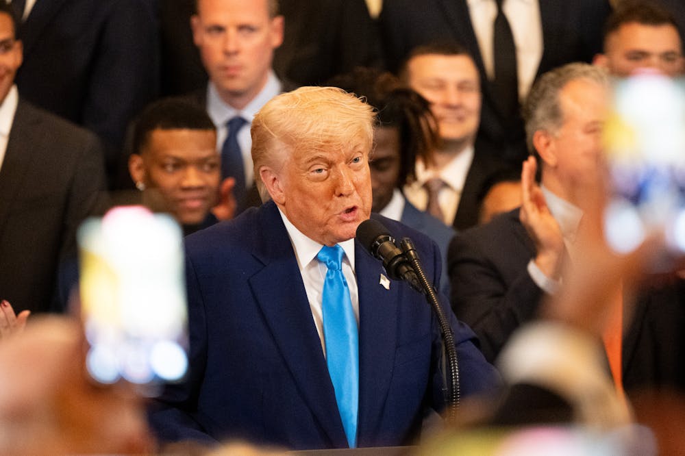President Donald Trump speaks during the Florida Gators Men's Basketball team visit to the White House in Washington D.C., on Wednesday, May 21, 2025.
