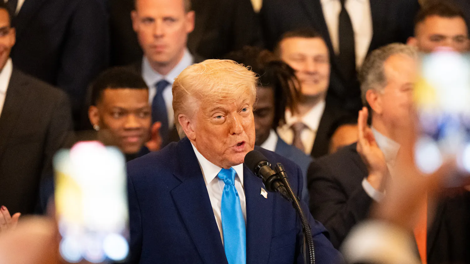 President Donald Trump speaks during the Florida Gators Men's Basketball team visit to the White House in Washington D.C., on Wednesday, May 21, 2025.