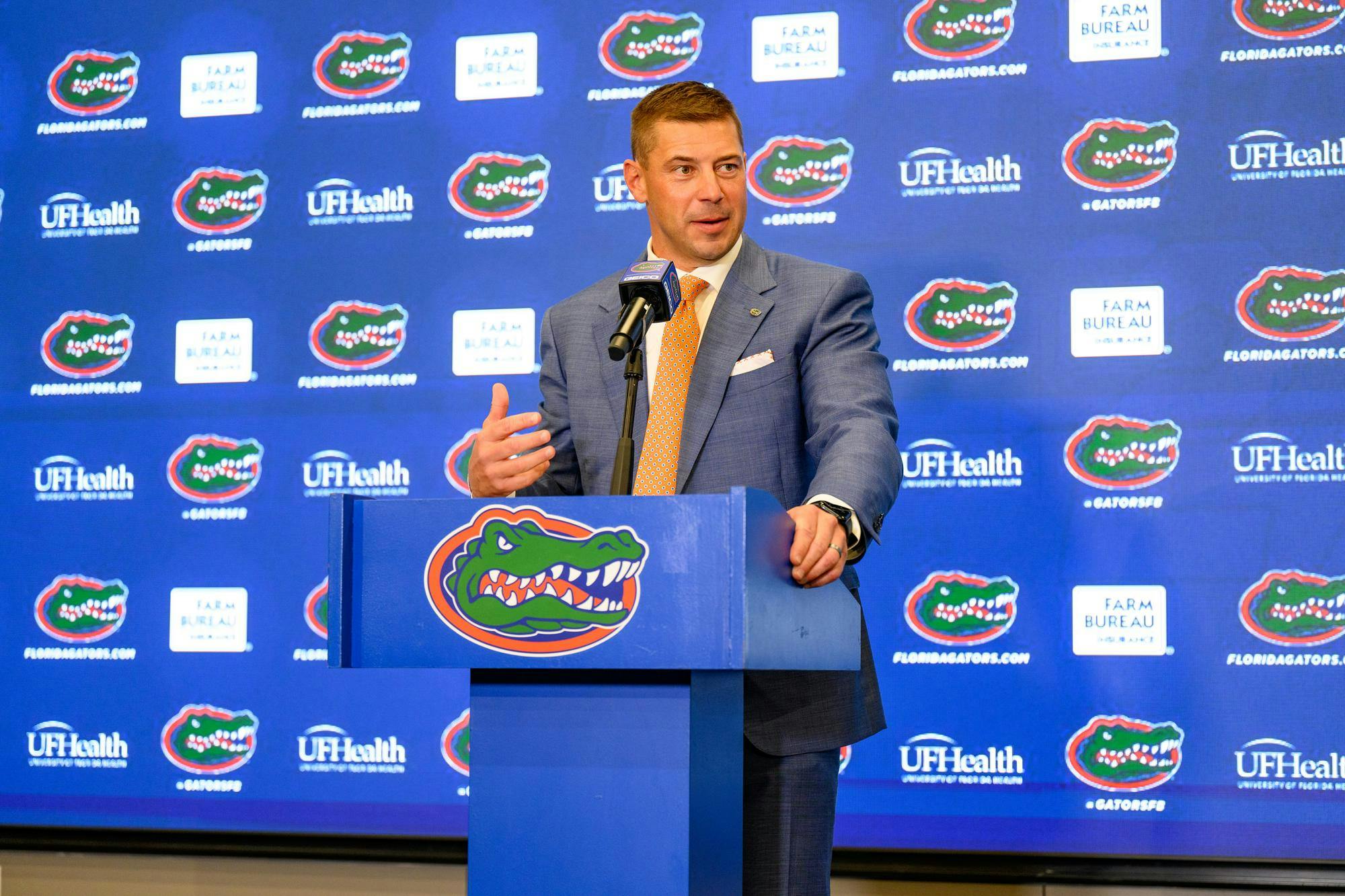 Florida head coach Jon Sumrall speaks during his introductory press conference at Heavener Football Training Center in Gainesville, Fla., Monday, Dec. 1, 2025.