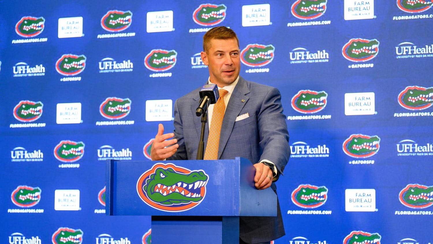 Florida head coach Jon Sumrall speaks during his introductory press conference at Heavener Football Training Center in Gainesville, Fla., Monday, Dec. 1, 2025.