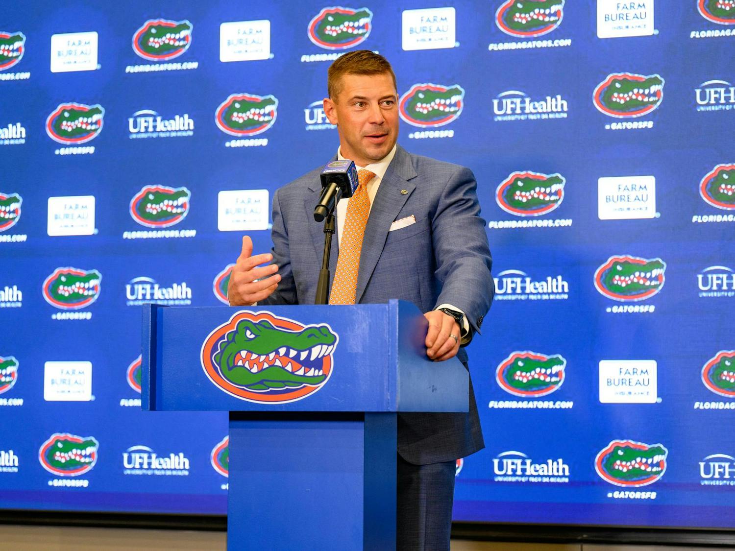 Florida head coach Jon Sumrall speaks during his introductory press conference at Heavener Football Training Center in Gainesville, Fla., Monday, Dec. 1, 2025.