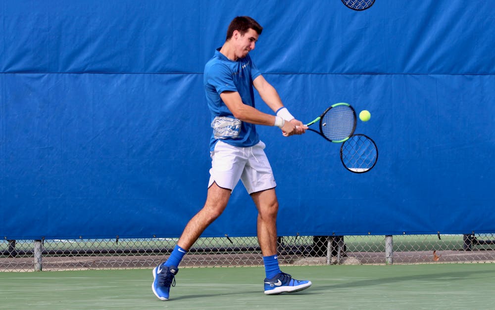 <p>Junior Alfredo Perez persisted through a grueling singles match that lasted an hour and 45 minutes against USF Sunday afternoon.</p>