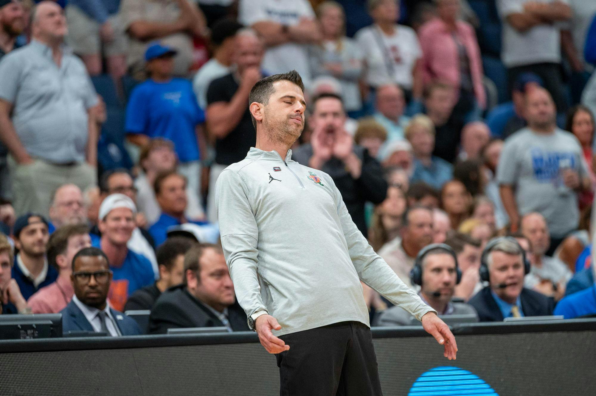 Florida head coach Todd Golden reacts to a call made by the referees during the first half of an NCAA Tournament second round game against Iowa, Sunday, March 22, 2026, in Tampa, Fla.
