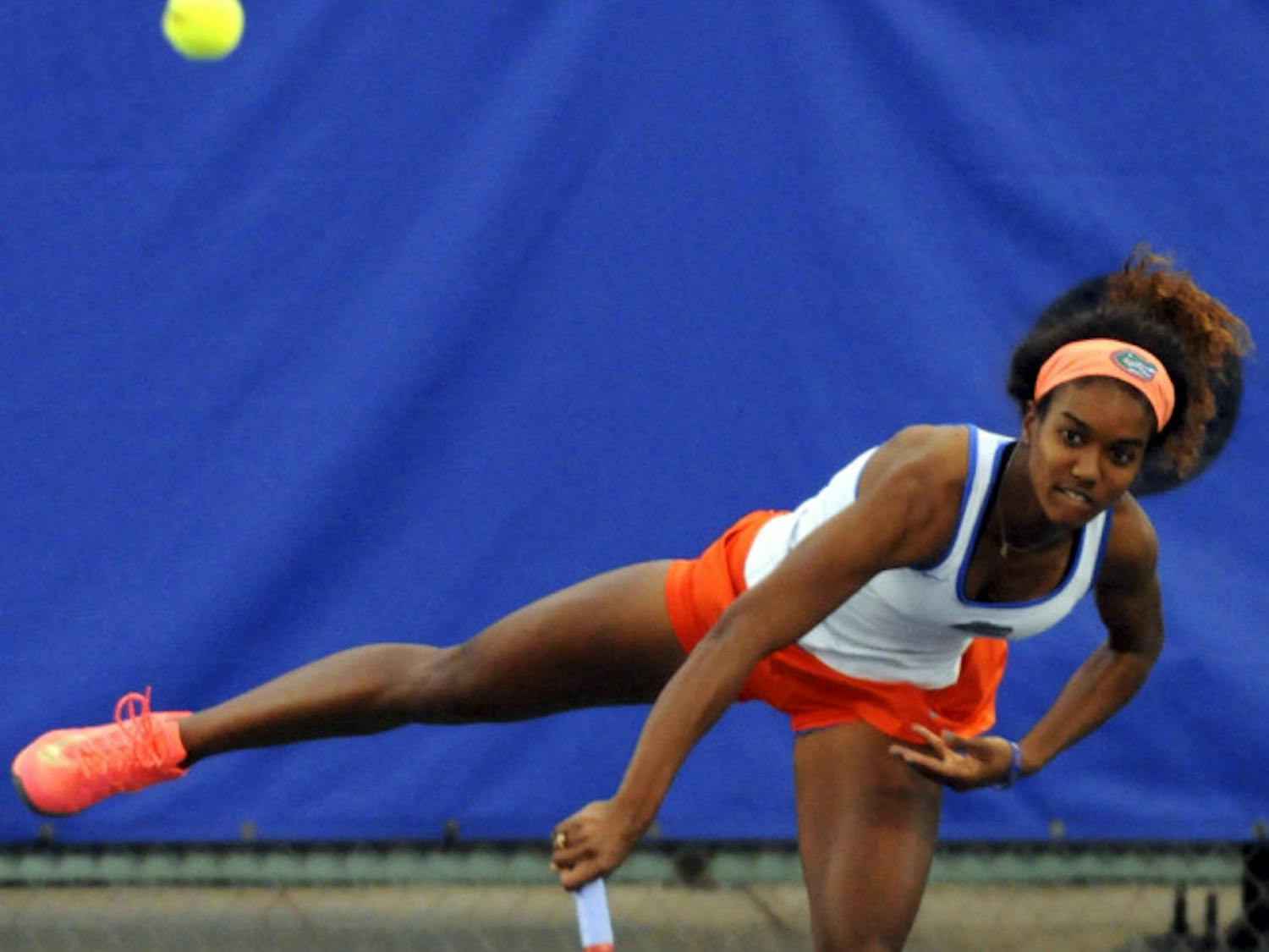UF’s Brianna Morgan serves during Florida’s win over USF on Jan. 27, 2016, at the Ring Tennis Complex.