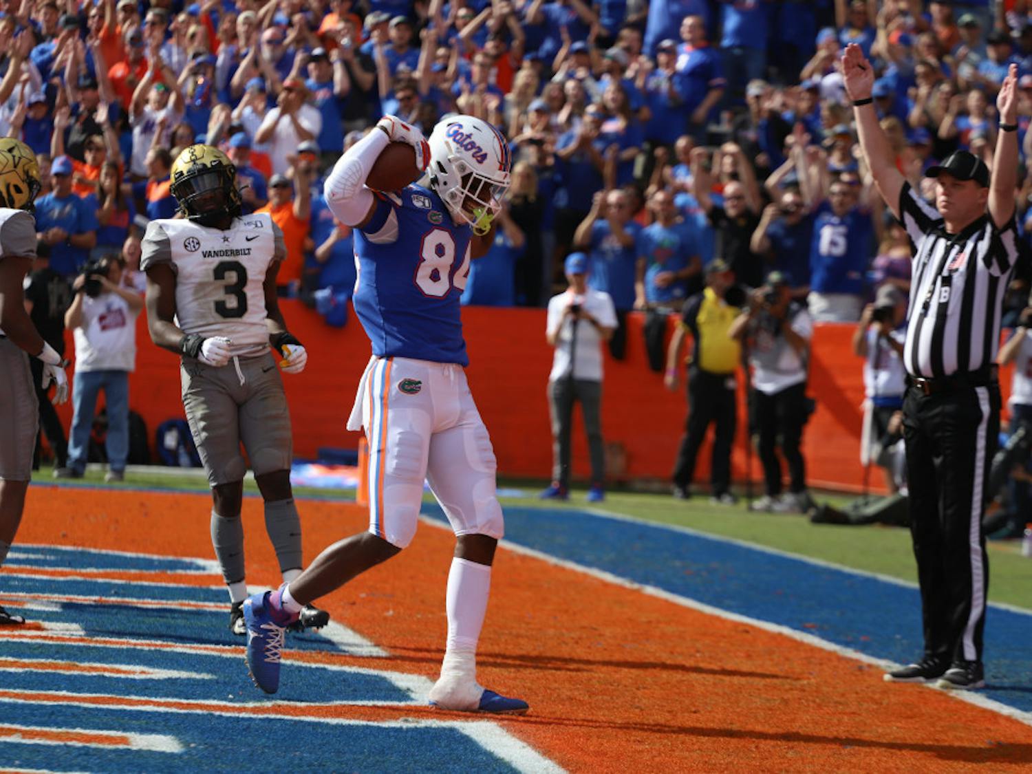 Kyle Pitts flexing after he scored a touchdown at home against Vanderbilt last season. Tight Ends Coach Tim Brewster had only good things to say about Pitts to media Wednesday.