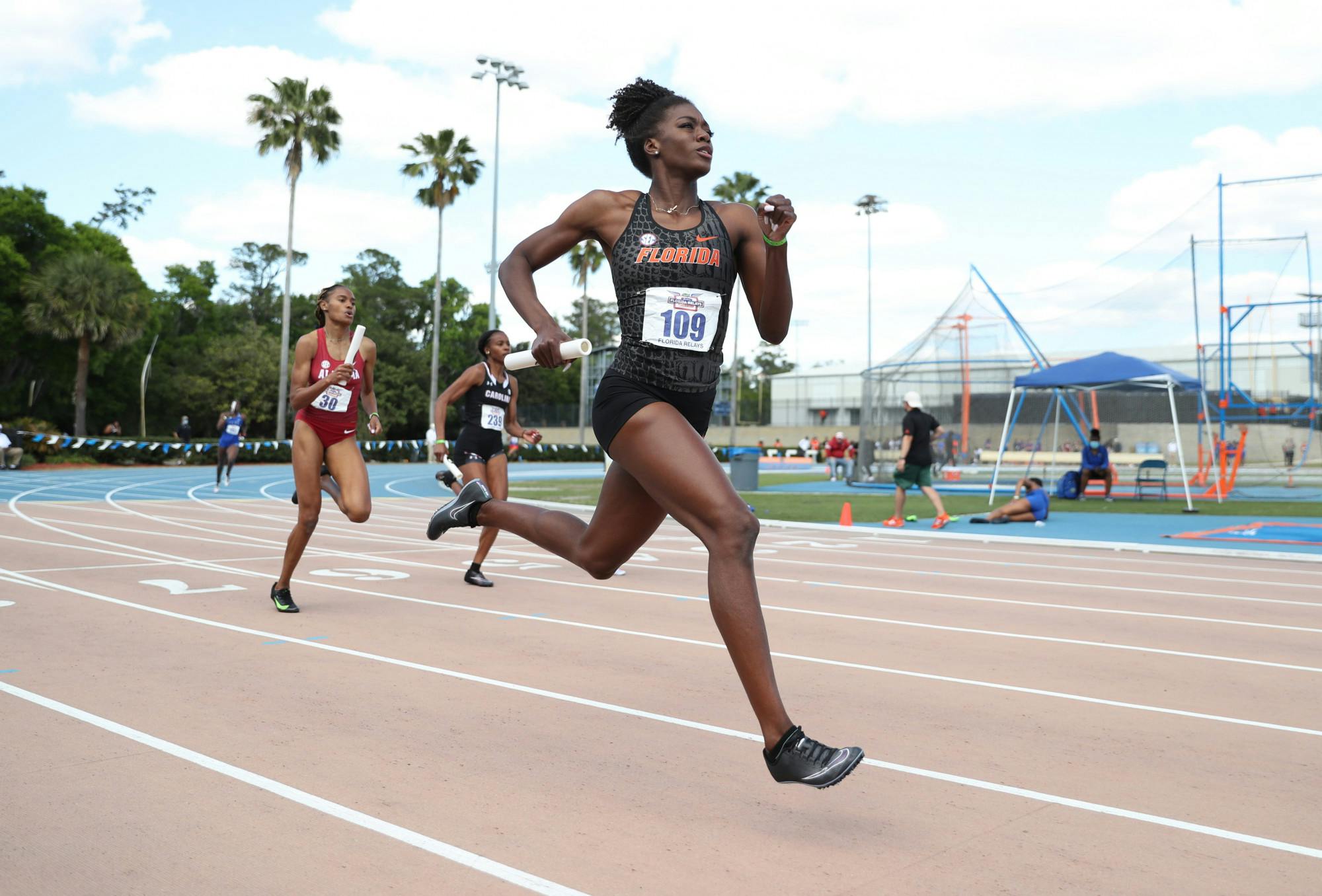 Florida's Taylor Manson runs during the Pepsi Florida Relays on Saturday, April 3, 2021 at Percy Beard Track at James G. Pressly Stadium in Gainesville, Fla. / UAA Communications photo by Hannah White