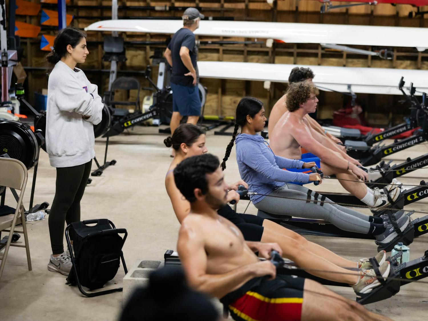Members of the UF club rowing team practice in their boathouse in Gainesville on Friday, Nov. 7, 2025.