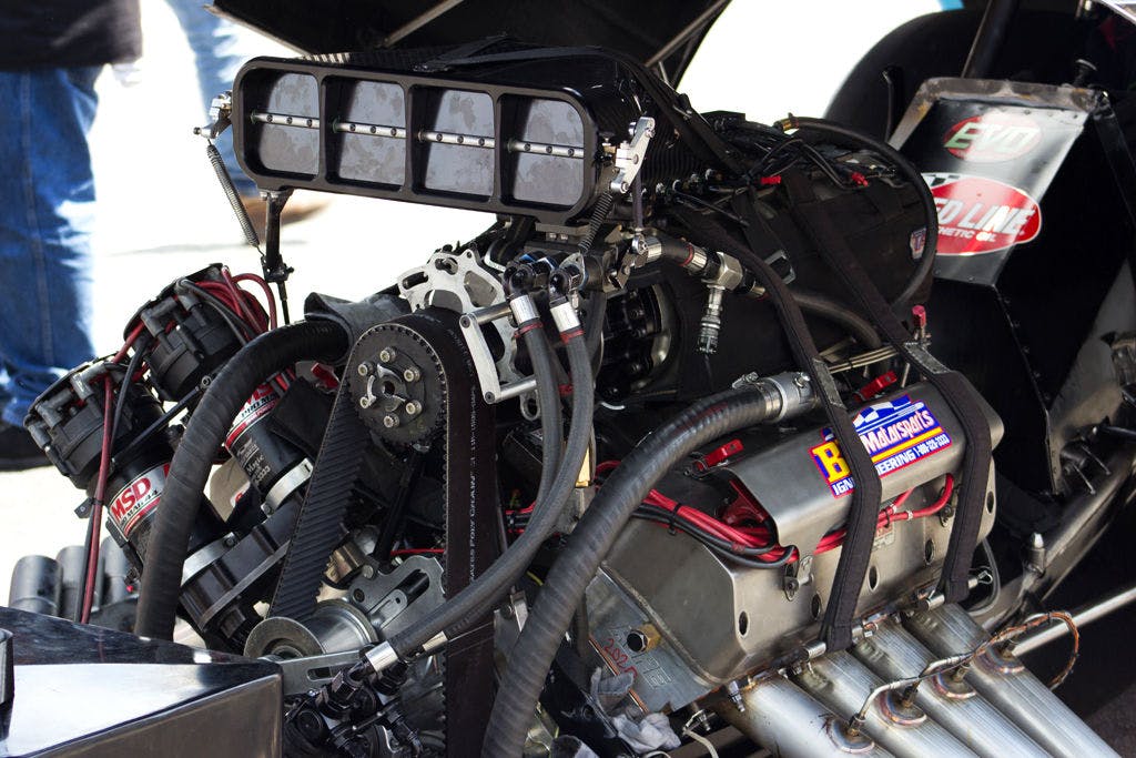 Pictured is a nitromethane engine from a Top Fuel car.