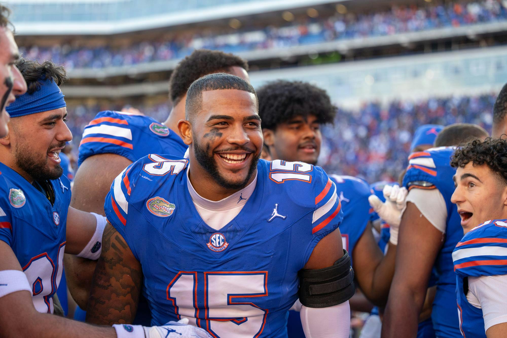 Florida Gators linebacker Derek Wingo celebrates after Florida's Senior Day victory against Ole Miss on Nov. 23, 2024.